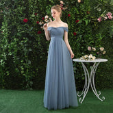 A Line Off the Shoulder Chiffon Blue Prom Dress, Long Bridesmaid Dresses DMQ82